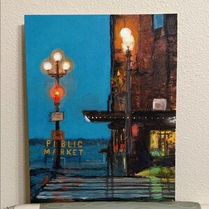 Blue City Street Canvas Acrylic and Oil Painting, 10"x 8"